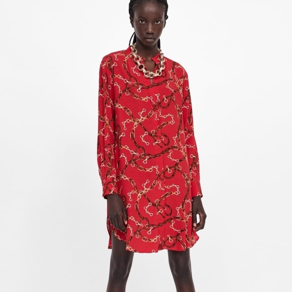 Nwt Zara Red Chain Print Shirt Dress 